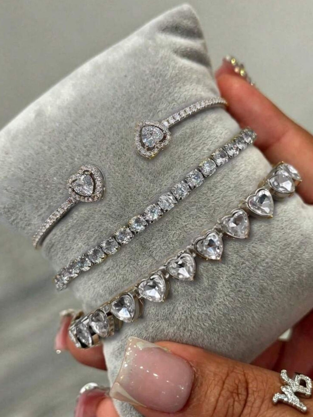 Silver Heart & CZ Tennis Bracelet Trio